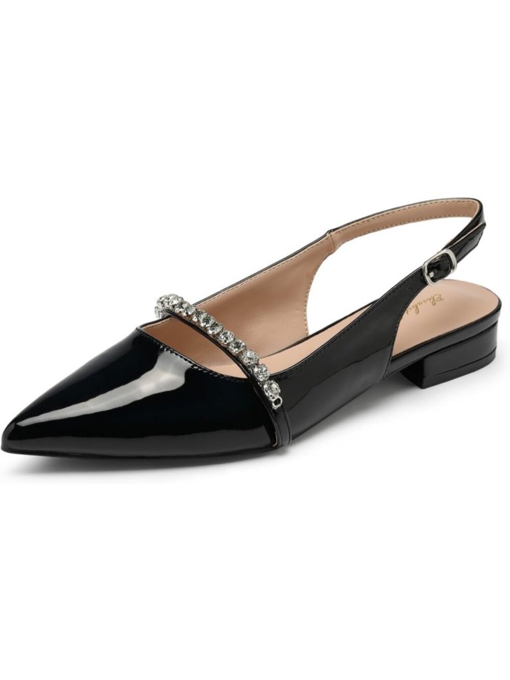 Women's Black Patent Leather Slingback Flats Rhinestone Closed Pointed Toe Shoes